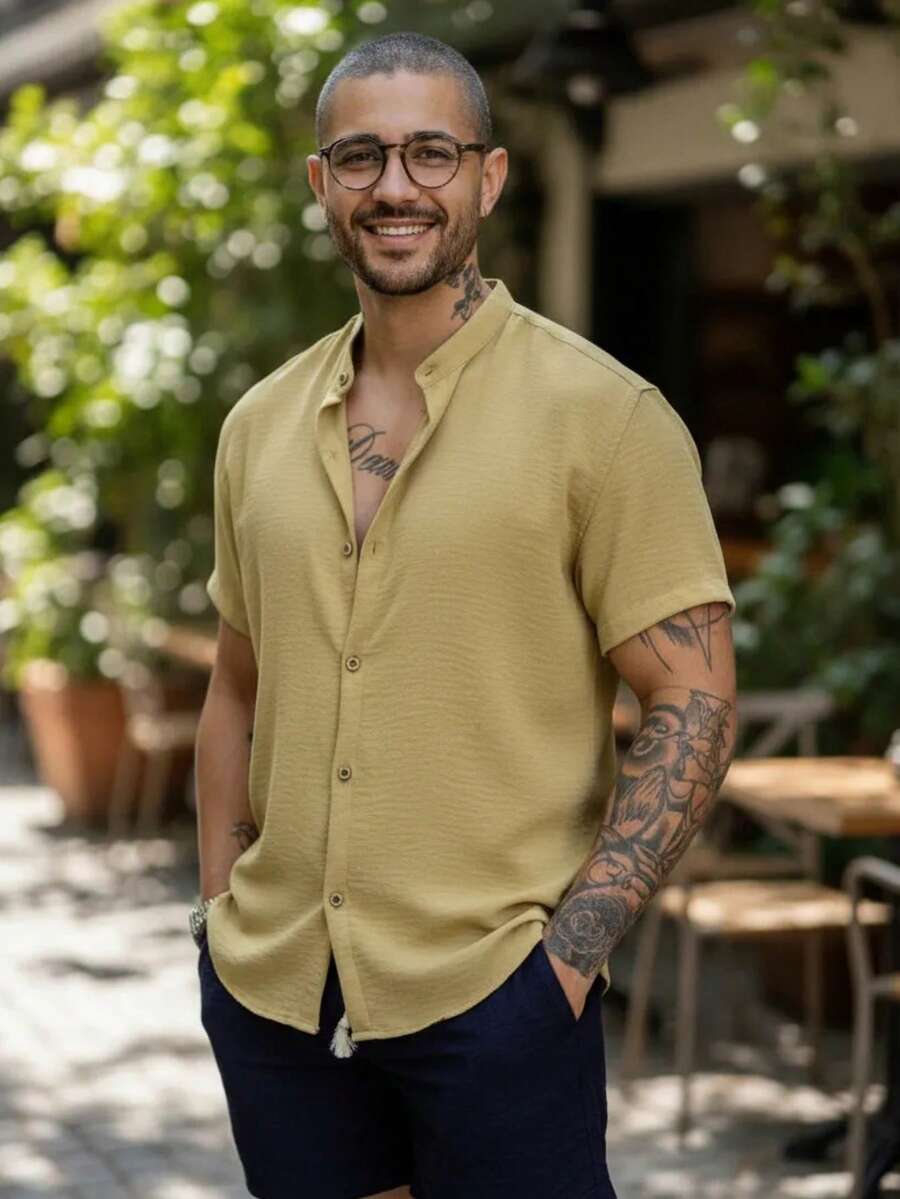 Men's Short Sleeve Shirt With Priest Collar Premium Quality Light And Fresh Fabric Easy To Iron - 芥末黃 - 查看 1
