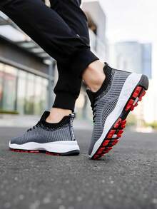 Zapatos casuales de punto, zapatos de punto transpirables, zapatos casuales planos de punto, zapatos de punto con cordones, zapatos casuales de correr para hombre, zapatos de malla transpirables para hombre, zapatos casuales de moda para hombre, casuales ligeros, transpirables, resistentes al desgaste, antideslizantes - Gris - Ver 4