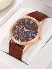 男士时尚休闲商务皮带和石英表套装 - 棕色 - 查看 8