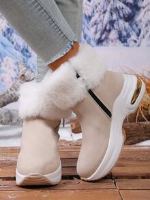 36-43 In Stock Plush Thickened Faux Fur Boots, Thick Sole Ankle Boots, Snow Boots, Warm Boots For Winter - Beige - View 4