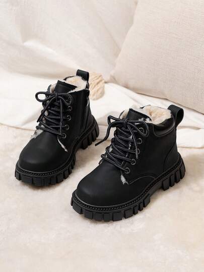 Classic Children's Boots, Solid Color Patchwork, Thermal Lined For Warmth, Soft Outsole, Anti-Slip Comfortable, Essential For School And Outdoor In Winter