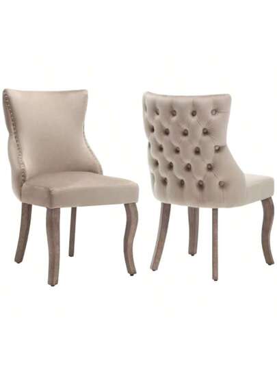 Dining Room Stoel (Living Unique Button Quilting On The Back, Pieces), Upholstered Nailhead Fluwelen Cover, Curved Solid Wood Legs, Beige (2024.1.4 Leg Replacement!!) view 4