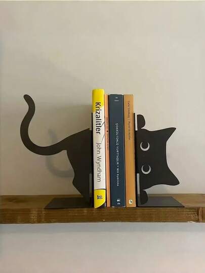 1pc Cute Cat-Shaped Metal Bookend, Creative Book Stand Display Rack, Minimalist Kitty Desk Organizer For Books, Stationery, Home Decor