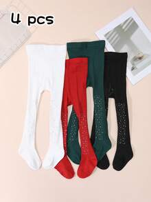 4 pares de mallas/leggings de niña con rayas verticales sólidas y brillantes de rhinestone, estilo elegante y de princesa para uso diario y festivo - Multicolor - Ver 14