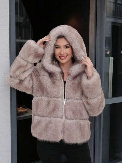 Modny damski płaszcz z kapturem i sztucznym futrem, długi rękaw, ciepła i stylowa opcja odzieży wierzchniej