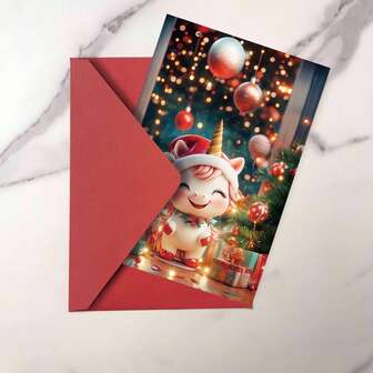 1/2 张迷人独角兽圣诞/生日贺卡，冬季主题，送给动物爱好者的完美礼物，带信封，适合家人、朋友、女儿、侄女、孙女，高品质厚卡纸，质地舒适