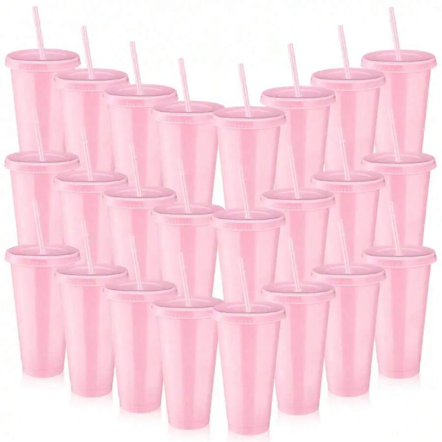 30/15 Pack Reusable Large Plastic Cups With Straw Lids, 24oz Portable Straw Cups, Large Capacity Beverage Cups Suitable Gatherings, Families, Schools, Offices, Camping, Outdoor Use,, Halloween, Valentine's Day, Thanksgiving, Graduation Season, Birthday, Housewarming Gifts - 透明 - 查看 1
