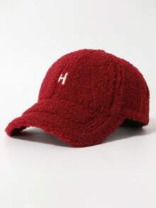 Classic Solid Color Faux Shearling Embroidered Letter Baseball Cap, Fashionable Outdoor Upgrade Women's Charm, Versatile Fluffy Baseball Cap, Embroidered Letter Casual Streetwear Party Cap, Polyester, Autumn/Winter