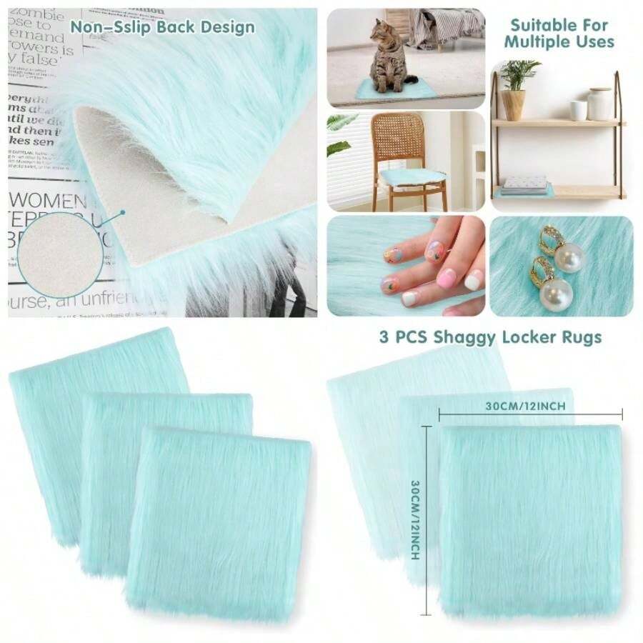 Locker Accessories, 3 Pcs Fluffy Locker Rug, Square Locker Accessories School, 12x12inch Locker Decor Fluffy Rug, Back To School Supplies, Locker Stuff Carpet Blue - Blue - View 1