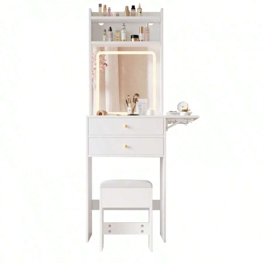 Kleiner Schminktisch mit verstellbarer -Beleuchtung und – inkl. 1 Hocker, 2 Schubladen, zwei offenen Fächern und Stauraum mit 25 cm klappbarer Tischplatte. Farbe: Weiß. Maße (B*H*T) 75 * 156 * 45 cm