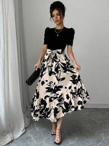 Vestido Estampado De Cintura Alta, Moderno Y Elegante. - Blanco - Ver 2