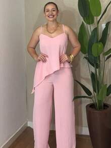 Women's Set Wide Leg Pants And Cropped Top Asymmetrical Simple With Pocket Casual Elegant Duna Fabric - Hoa hồng - Xem 1