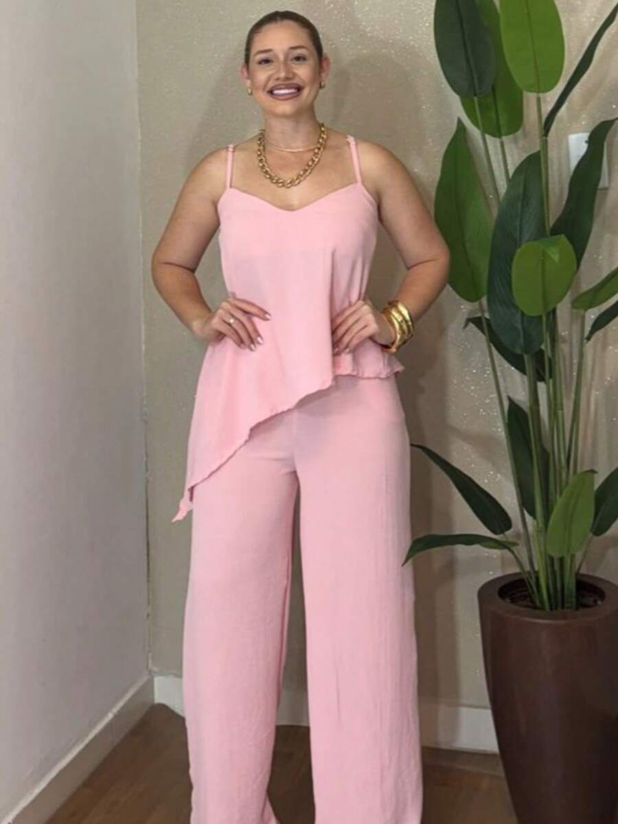 Women's Set Wide Leg Pants And Cropped Top Asymmetrical Simple With Pocket Casual Elegant Duna Fabric - Hoa hồng - Xem 1