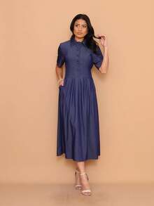Helena Luxury Chambray Midi Dress, Imitation Jeans, With Buttons, Short Sleeves - 深色水洗藍 - 查看 5