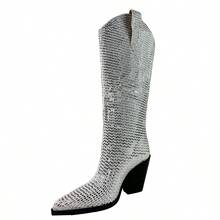 ARiderGirl Straddle Women's Western Cowboy Boots Crystal Rhinestone Embellished Stacked Leather Heel With Stitched Welt Pointed Toe Fashion Knee High Boots - 白色 - 查看 8