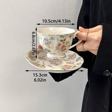 طقم فناجين قهوة وصحون سيراميك، بطراز ريفي زهري للربيع، مصنوع من السيراميك الفاخر بخطوط ذهبية، تصميم أنيق بنمط زهور الربيع، مثالي لشاي بعد الظهر أو هدية لتدشين المنزل أو الزفاف