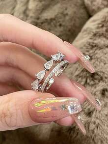 5件組奢華立方鋯石葉片開口銅戒指套組，適合女性派對與聚會穿著（不含禮盒） - 銀色 - 查看 7