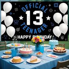 13th Birthday Backdrop Banner, Blue & White Teenage Theme Background, Suitable For 13th Birthday Party Decoration, Cake Table Decor, Garden Sign, Photo Prop And Birthday Party Supplies - Multicolor - View 3