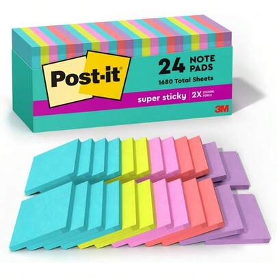 Super Sticky Notes 76.2 Mm X 76.2 Mm 24 Pads 2X The Sticking Power Supernova Neons Bright Colors