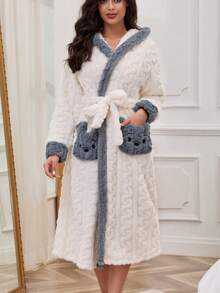 Roupão feminino com capuz e orelhas de animais de pelúcia para outono/inverno (1 peça), fofo, com bolso, em fleece coral macio e aconchegante, ideal para dormir em casa.