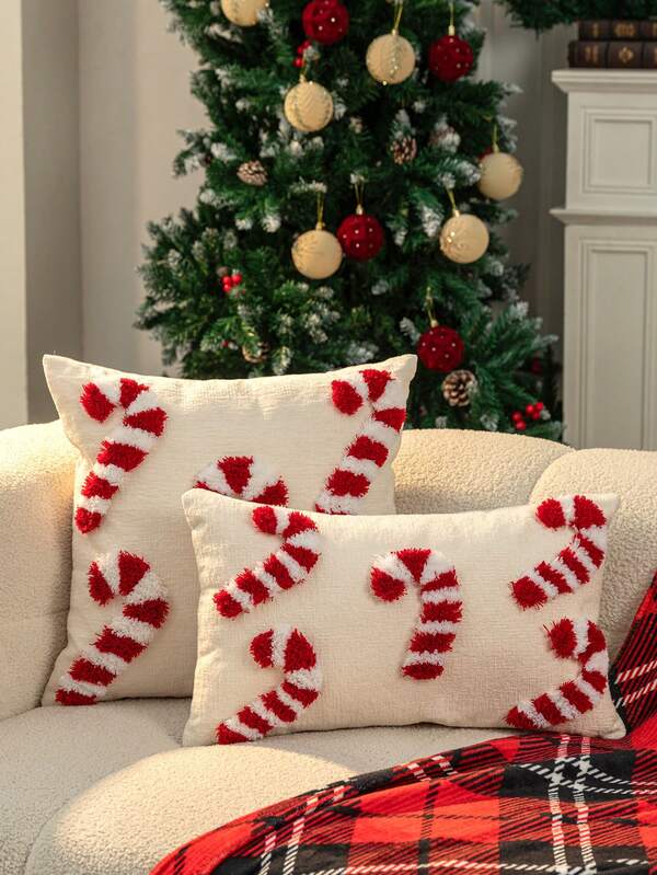 1 capa de almofada de veludo com estampa de bengala de doces de Natal, fronha com atmosfera natalina, capa de almofada lombar, 45 x 45 cm (17,7 x 17,7 pol.) / 30 x 50 cm (11,8 x 19,6 pol.), estampa de bengala de doces, tecido chenille, veludo artesanal, adequada para sofá, sala de estar, quarto, carro, escritório, hotel, decoração, presente perfeito para família e amigos, todas as estações, enchimento de almofada não incluído, vermelho