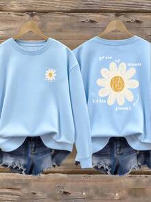 1 件女童休闲印花圆领长袖 T 恤，秋季学生年轻服装