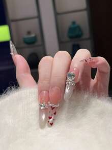 10 件手工指甲椭圆形指甲丙烯酸按压指甲长，柔和的裸粉色指甲，闪亮的猫眼法式尖头指甲，手绘心形豹纹，指甲宝石大钻石镶嵌，极简主义前卫优雅简约秋季指甲，秋季按压指甲，派对日常和约会使用海滩热带度假适用，DIY 假指甲适合女性和女孩作为礼物指甲用品 - 彩色 - 查看 5