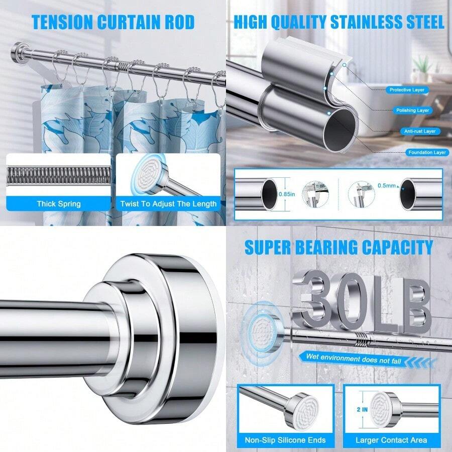 TEECK Shower Curtain Rod 2776 Inch Adjustable Spring Tension Curtain Rod Never Rust AntiSlip Shower Curtain Rod For Bathroom No Drilling Never Collapse Easy To Use Sier