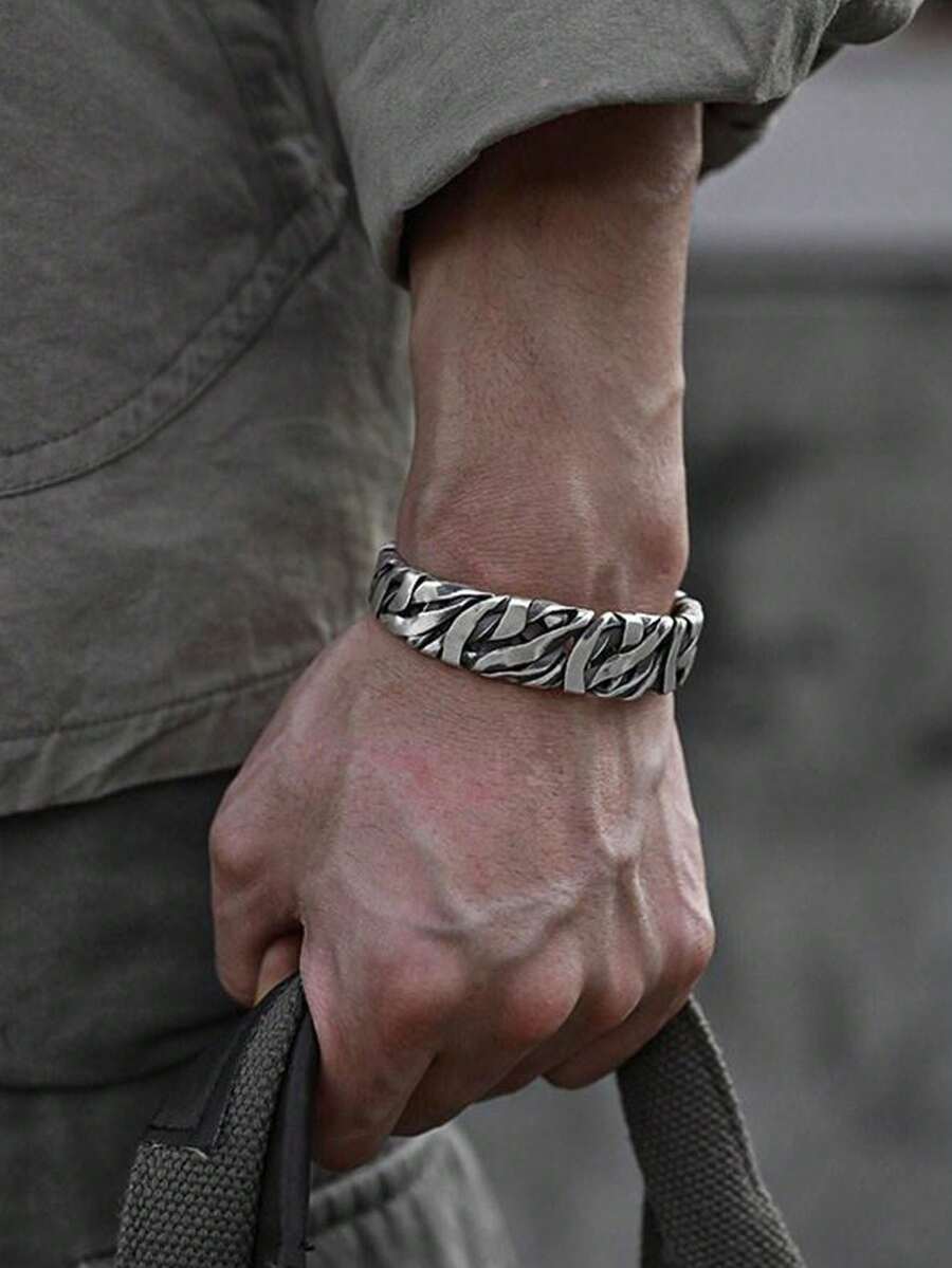1 件男士复古手工编织开口手链 - 復古銀色 - 查看 1