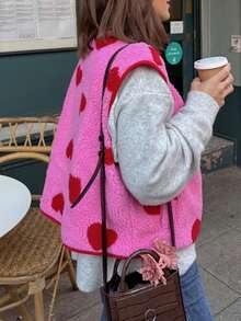 1 pieza Chaqueta tipo chaleco con estampado gráfico de corazón, para uso diario, nuevo diseño de otoño/invierno y para todas las estaciones