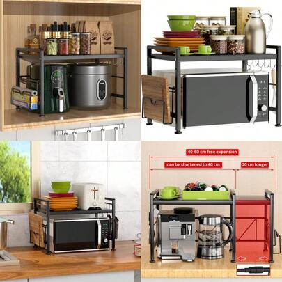 YIUKEA Extendable Microwave Oven Rack Adjustable Kitchen Counter Shelf 2 Tier Microwave Stand L15.7~23.6" XW12.8 XH17.7 With 6 Hooks For Kitchen Countertop Organizer (Black)