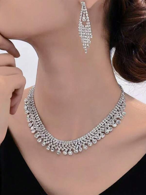 3pcs Fully Rhinestone Fashionable Claw Chain Crystal Tassel Necklace & Earrings Set, Versatile Jewelry For Evening Dress