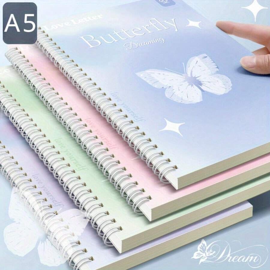 4 Packs A5 Spiral Notebooks With Double Coil - 60 Pages Each, Elegant Love Letter & Butterfly Design, Lined Paper Journals, Ideal For Gift, Girls' Diary, Office Or School Supplies