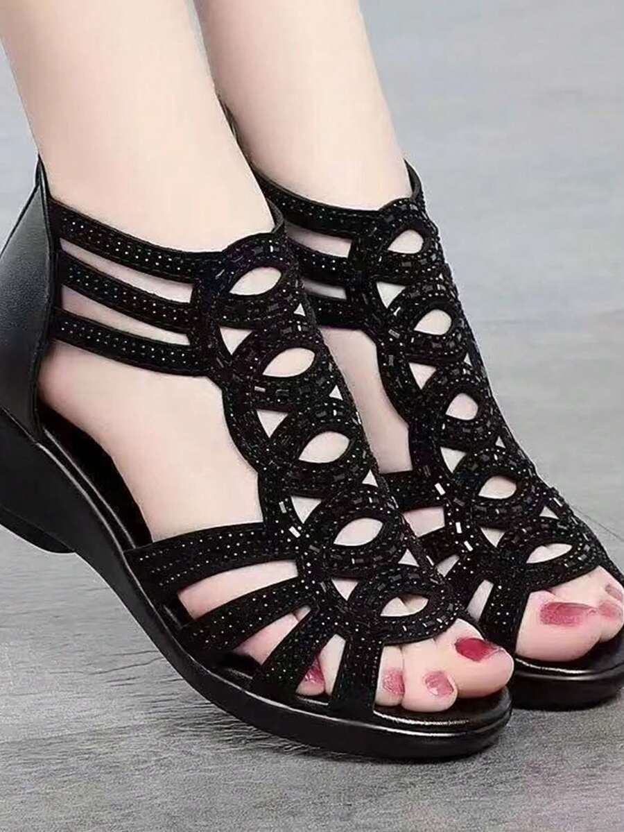 1 双时尚舒适厚底罗马凉鞋，适合夏季的新款软底鞋，时尚户外女士凉鞋，低跟女鞋 - 黑色坡跟燙鑽 - 查看 1