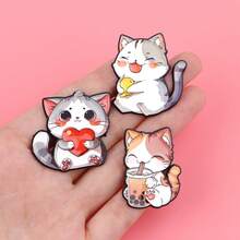 5pcs/Set Cute Cartoon Cat & Heart Design Metal Brooch, Cartoon Badge, Bag/Hat Decor, Creative Clothing Accessory Christmas Gift - Multicolor - View 3