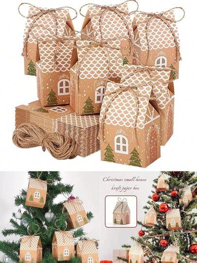 10Pcs Christmas Kraft Paper Boxes, Mini House Shaped Gift Bags, Cookie Boxes, Pastry Boxes, Party Gift Decorations, Wedding Gift Boxes, Winter Christmas And New Year Gifts, Christmas Gift Packaging Supplies