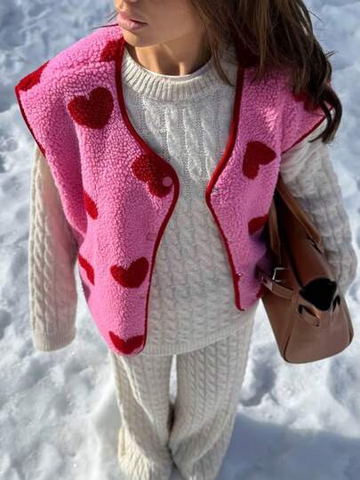1pc Heart Graphic Print Vest Jacket, Everyday Wear, New Autumn/Winter & All Season Design