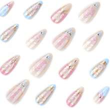 1 Set Wearing Nail Heart-Shaped Flower Wearable Fake Nail Art Nail Art Short Almond Shaped Nail Flakes - Màu Hồng baby - Xem 5