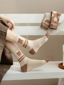 5 Pairs Women's Mid-Calf Socks, Cartoon Style, Korean Fashion Autumn/Winter, Slouch Socks, Japanese School Style Long Socks