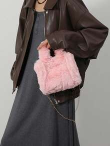 BAILEE 1件新款时尚秋冬个性化长毛绒纯色双提手拉链可调节肩带女士手提包/斜挎包，适合秋冬季节、日常通勤和时尚穿搭 - 彩色 - 查看 7