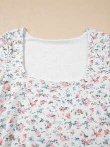 Acelitt Spring And Autumn Women's White Flower Printed Texture Square Neck Slimming Long Sleeve Top