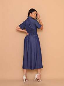 Helena Luxury Chambray Midi Dress, Imitation Jeans, With Buttons, Short Sleeves - 深色水洗藍 - 查看 3