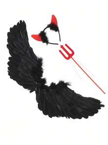 1pc/3pcs Angel Feather Wings Children And Adults Performance Props Stage Catwalk White Flower Girl Costume, Black Devil Headband With A Great Set.