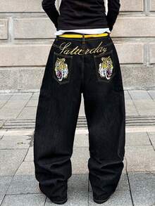 1 szt. Jeansy Justice Brother z haftem, luźne, uniwersalne, z szerokimi nogawkami, wygodne, całoroczne, streetwearowe (pasek i dodatki nie są dołączone)