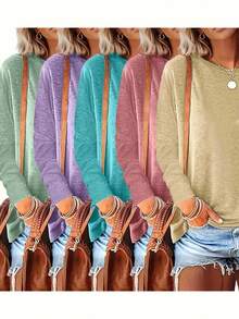 5pcs Solid Color Round Neck Long Sleeve Loose Casual Women Tops Tees, Suitable For Spring/Autumn Daily And Home Wear, Machine Washable - Multicolor - View 2