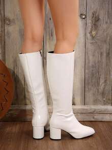 Women's Fashion Simple Knee-High Boots, Thick Heel Riding Boots, White Boots For Autumn/Winter - White - View 6