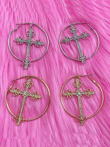 1 Pair Retro Alloy Gothic Cross Crystal Decor Hoop Earrings, Women Fashionable Earrings For Holidays And Daily Wear - 彩色 - 查看 4