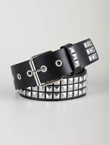 Vintage Rivet PU Leather Belt, Solid Color Punk Waist Belt - Black - View 2