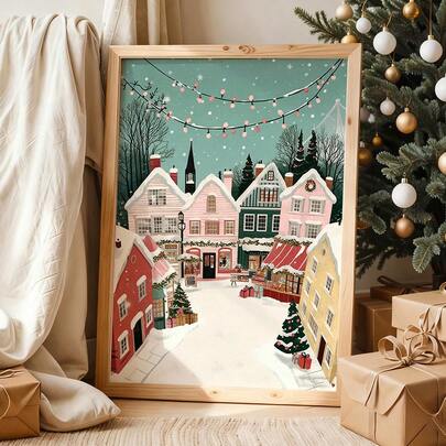 Whimsical Christmas Town Print, Retro Winter Holiday Art, Christmas Village Scene Art Print, Christmas Printable, Christmas Wall Art, No Frame