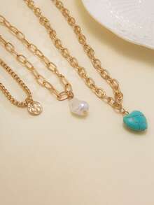 1pc Multi-Layer Necklace Set With Green Heart Turquoise & Pearl Pendant, Bohemian Style
